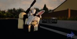 3d ass bent_over bunny_girl bunnysuit circle_glasses dialogue gun half-dressed meevl one_eye_closed roblox robloxian self_upload sniper tagme talking_to_viewer white_hair