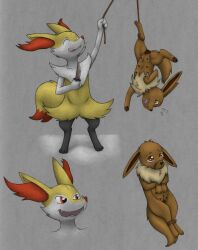 absurd_res ambiguous_gender animal_genitalia animal_pussy animew anthro black_nose bodily_fluids bondage bound braixen brown_body brown_eyes canine_pussy captured cheek_tuft chest_tuft claws closed_eyes digitigrade dipstick_tail duo eevee eyebrows facial_tuft female feral generation_1_pokemon generation_6_pokemon genitals head_tuft hi_res holding_knife holding_object inner_ear_fluff knife licking licking_lips looking_up markings multi_nipple multicolored_body muzzle_(object) muzzled neck_tuft nintendo nipples nude open_mouth pokémon_(species) pokemon pokemon_(species) pussy restraints rope rope_bondage simple_background smile standing suspension sweat sweatdrop tail_markings tears teeth tongue tongue_out tuft two_tone_body upside-down video_games what white_body yellow_body