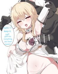 1boy 1girls blonde_female blonde_hair blue_eyes cum doldol excited genshin_impact hilichurls_(species) hypnosis lumine_(genshin_impact) mind_control paizuri penis penis_rubbing_breast penis_under_another's_clothes screaming shaking sideboob_paizuri tongue_piercing