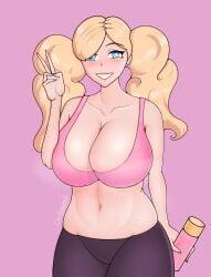 ann_takamaki belly big_breasts blonde_hair blue_eyes blush blushed breasts breasts_bigger_than_head carfound clothed clothed_female cup earrings flushed gym_uniform high_resolution highlights hourglass_figure huge_breasts karfound large_breasts light-skinned_female light_skin nails peace_sign persona persona_5 persona_5_royal persona_5_scramble:_the_phantom_strikers pink_background pink_clothing pink_nails purple_pants smile smiling steam steaming_body sweat sweatpants tall tall_female topwear tummy twintails uniform