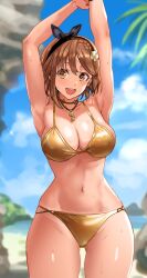 1girls atelier_(series) atelier_ryza beach big_breasts bikini braided_hair breasts cleavage daraz18aka golden_bikini looking_at_viewer reisalin_stout tagme