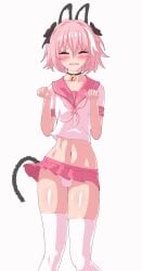 1boy animated astolfo_(fate) bangs bell_collar belly blush blushing braid bulge bulge_in_panties buttplug_tail cat_ears cat_tail catboy choker closed_eyes clothed clothing collar collarbone crossdressing dancing distress embarrassed erection_in_panties eyebrows_visible_through_hair eyelashes eyes_closed fate/grand_order fate_(series) femboy feminine_male gif hair headwear highres legwear long_hair loop male male_only meme navel nervous panties penis_bulge pink_clothing pink_hair pink_shirt pink_skirt ribbon ribbons sad_cat_dance shirt short_skirt short_sleeves skirt standing sweat tail theobrobine thick_thighs thighhighs thighs trap white_background