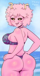 1girls ass big_ass big_breasts bikini bikini_bottom bikini_top black_sclera blush breasts female female_only hands_on_hips hips horns mina_ashido my_hero_academia pink_body pink_hair pink_skin purple_bikini sideboob solo solo_female swimsuit swimwear thighs vexypop yellow_eyes