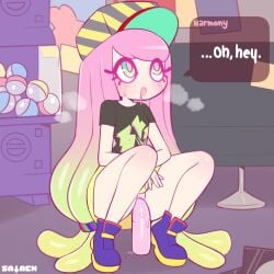 1girls artist_name dildo drooling english_text green_eyes harmony_(splatoon) hat long_hair masturbation multicolored_hair nintendo no_panties open_mouth pink_hair pseudo_hair sataenart sex_toy shirt shoes speech_bubble splatoon splatoon_3 squatting text text_bubble