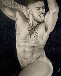 1boy black_and_white brad_welch_art caucasian caucasian_male licking_bicep lucas_peracchi male male_only muscles muscular muscular_male onlyfans_model real_person sketch solo solo_male tattoo tongue_out uncolored