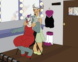 absurd_res anthro beastars bill_(beastars) bimbo bimbofication bovid bovine canid canine canis caprine cervid cervine clothed clothing crossdressing duo felid feline feminization group hi_res legoshi_(beastars) lips louis_(beastars) male male/male mammal pantherine pina_(beastars) sheep simple_background sstinkies text tiger wolf