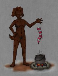 animew anthro black_nose breasts campfire canid canine canis cauldron claws closed_eyes clothing coco_chockshund_(animew) cooking domestic_dog eyebrows female floppy_ears footwear genitals hand_on_own_hip head_tuft hi_res mammal navel nipples nude open_mouth pussy simple_background smile socks solo standing teeth toe_claws tuft