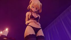 3d animated blonde_hair bouncing_breasts candles choker eyepatch fischl_(genshin_impact) genshin_impact green_eyes hip_sway lace-trimmed_bra lace-trimmed_panties lace-trimmed_thighhighs navel no_sound seductive short_video strip_tease tagme thin_waist undressing vicineko video young