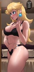 1girls 2022 black_lingerie blonde_hair blue_eyes bra breasts curvy dialogue echosaber english_text female hi_res hips huge_breasts lingerie long_hair mario_(series) nintendo princess princess_peach royalty slim_waist speech_bubble text thick_thighs thighs thong voluptuous voluptuous_female wide_hips