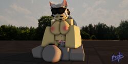 1boy 3d baseplate blue_eye breasts cat_ears catgirl closed_eyes cowgirl_position cum_in_pussy drooling female goggles_on_head heterochromia meevl red_eye roblox robloxian self_upload smile tagme vaginal_penetration