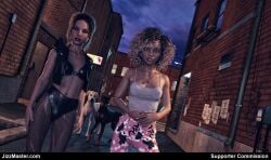 2animals 2girls 3d alley black_hair bra crop_top curly_hair fishnets imminent_bestiality imminent_sex jacket jizzmasterzero leather looking_at_viewer necklace outdoors pants