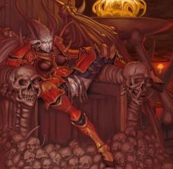 1girls anonarts boobplate casual_exposure chaos_(warhammer) crotchless daemon glowing_tattoo greaves hairless_pussy khorne khorne_mark lounging pale-skinned_female pale_skin pauldrons plump_labia pubic_tattoo pussy red_armor sitting_on_throne skull solo solo_female spiked_pauldrons spread_legs thigh_armor thighhighs throne valkia_the_bloody warhammer_(franchise) warhammer_fantasy