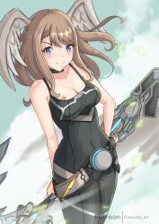 2d 2d_(artwork) arm_behind_back arm_on_hip blowing_hair blowing_wind blue_eyes blush breast_tattoo breasts brown_hair chascoby choker cleavage clothed clothed_female dirty_blonde_hair eunie_(xenoblade) feathers female female_only female_solo hair_between_eyes hair_blowing hair_in_wind light-skinned_female light_brown_hair light_skin monolith_soft moving_hair multiple_versions nintendo nintendo_switch sleeveless sleeveless_shirt smile smiling smiling_at_viewer tank_top tattoo thighs xenoblade_(series) xenoblade_chronicles_3