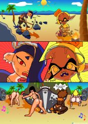 ass ass_focus ass_shake badapple69 beach big_ass big_man_(splatoon) bikini bikini_bottom bikini_top black_body black_hair blonde_hair breasts comic comic_page face_down_ass_up frye_(splatoon) funny humor kneeling manga nintendo nintendo_switch red_eyes self_upload shiver_(splatoon) splatoon splatoon_(series) splatoon_3 tanline tanlines tanned tanned_skin twerking