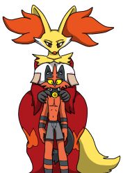 1boy 1girls anthro areola_slip areolae big_breasts big_hips breasts canine cheek_tuft curvaceous curvy curvy_female delphox feline female fox fur furry furry_only generation_6_pokemon generation_7_pokemon hand_on_shoulder hands_on_another's_shoulders looking_at_viewer looking_down male male/female milf neormk nintendo nipple_covers pokemon red_eyes scaroused simple_background size_difference standing striped_fur surprised tail torracat underwear voluptuous white_background wide_hips