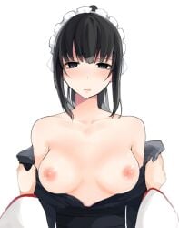 assisted_exposure aureole_omega black_eyes black_hair breasts expressionless female lipstick looking_at_viewer makeup medium_breasts narberal_gamma nipples open_clothes open_shirt overlord_(maruyama) pov simple_background solo_focus tamagoyaki_(killsheep) undressing upper_body white_background