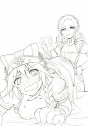 2girls bed big_breasts black_and_white female female_focus female_only lesbian lesbian_sex long_hair lupusregina_beta maid maid_headdress maid_uniform monster_girl on_bed overlord_(maruyama) slime slime_girl smile smiling_at_viewer solution_epsilon tagme tamagoyaki_(killsheep) yuri