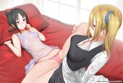 2girls bangs bare_legs bed_sheet black_hair black_vest blonde_hair blue_panties blue_scrunchie blush bow bow_panties breasts cameltoe cleavage closed_mouth clothes_lift collared_shirt covered_navel dress dress_lift embarrassed female female_only ginhaha grey_dress grey_skirt hair_between_eyes hair_ornament hair_scrunchie hayasaka_ai indoors kaguya-sama_wa_kokurasetai_~tensai-tachi_no_renai_zunousen~ leg_lift long_hair long_sleeves lying medium_breasts multiple_girls on_back on_bed panties pillow pink_panties purple_eyes red_eyes scrunchie see-through see-through_dress shinomiya_kaguya shiny shiny_hair shirt side_ponytail skirt skirt_lift sleeveless sleeveless_dress small_breasts tribadism tribadism_through_clothing underwear vest watermark web_address white_shirt wing_collar yuri