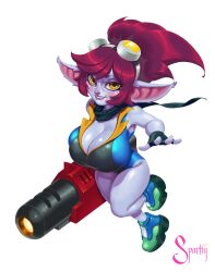 1girls big_breasts cleavage female female_only gun league_of_legends shortstack sparky.girlsart thick_thighs tristana weapon yordle