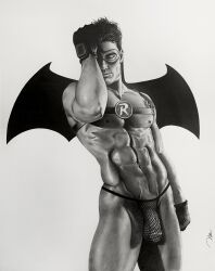 1boy batman_(series) black_and_white brad_welch_art caucasian caucasian_male dc dc_comics dick_grayson flaccid flaccid_penis male male_only masked mesh muscles muscular muscular_male pencil_(artwork) robin_(dc) robin_(dick_grayson) sketch solo solo_male superhero tee teen_titans uncolored