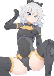 30_minutes_sisters :3 absurdres black_footwear black_leotard blue_eyes blush boots cable covered_navel female flat_chest grey_hair head_tilt highres leotard looking_at_viewer paw_pose rishetta_(30ms) short_hair sitting smile solo spread_legs subten thigh_boots