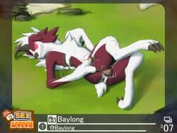 absurd_res animal_genitalia animal_pussy anthro anus baylong bodily_fluids canid canine canine_pussy claws english_text female fluffy fur generation_7_pokemon genital_fluids genitals glowing glowing_eyes grass hi_res logo looking_at_viewer lycanroc lying mammal midnight_lycanroc nature new_pokemon_snap nintendo on_back on_grass outside photo picture_frame plant pokemon pokemon_(species) pussy pussy_juice red_body red_eyes red_fur solo spread_pussy spreading text video_games white_body white_fur