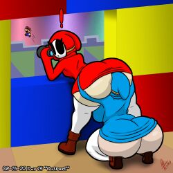 ! 1boy 2022 2girls ass ass_worship big_ass bimbo blue_clothing bubble_butt clothed female female/female female_focus grabbing_ass holding_butt mario mario_(series) mask nintendo paper_mario red_clothing rimming robe shy_gal squat supermoonshroom surprised sweater text thighhighs video_games watermark yuri