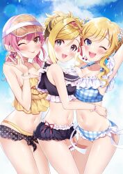 3girls :3 :d ;d ;p black_eyes blonde_hair blue_eyes blue_sky blush breasts female female_only fujimoto_rina highres idolmaster idolmaster_cinderella_girls jougasaki_mika multiple_girls nako_narita one_eye_closed ootsuki_yui open_mouth orange_eyes pink_hair sky smile tongue tongue_out