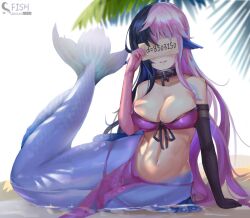 1girls asymmetrical_gloves asymmetrical_hair black_gloves black_hair boobs breast_squish breasts clothed collar female hair_ornament hidden_eyes indie_virtual_youtuber large_breasts loincloth long_gloves long_hair lying_on_side mermaid mermaid_tail midriff multicolored_hair murmaider navel pink_gloves shi_qi_kuang_beng split-color_hair tagme twitch twitch.tv virtual_youtuber vtuber water white_hair