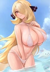 1girls 2022 alternate_breast_size artist_signature beach bikini blonde_hair breasts cleavage cynthia_(pokemon) female fingering fingering_self hair_ornament hair_over_one_eye hi_res hips huge_breasts light-skinned_female light_skin long_hair masturbation masturbation_under_clothes nintendo norza outdoors pokemon pokemon_dppt slim_waist smile thick_thighs thighs togekiss wet white_bikini wide_hips