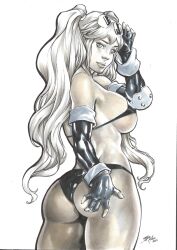 1girls ass batman_(series) big_ass big_breasts bulging_breasts curvaceous curvy_body curvy_female curvy_figure dc dc_comics ed_benes_studio erect_nipples female female_only harley_quinn iago_maia large_ass large_breasts latex_bra latex_gloves latex_thong looking_at_viewer looking_back looking_back_at_viewer monochrome rear_view signature solo solo_female sunglasses_on_head supervillainess twintails voluptuous_female