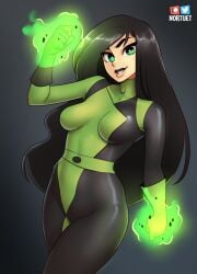 1girls black_background black_hair black_lipstick breasts clothed clothing disney disney_channel female_focus female_only fire green_eyes green_fire hi_res kim_possible long_hair looking_at_viewer medium_breasts nortuet pose revealing_clothes shego simple_background skin_tight smile solo tagme watermark wide_hips