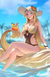 1girls bikini blonde_hair blue_eyes bracelet breasts drink earrings female guilty_gear guilty_gear_strive hat millia_rage necklace one_piece_swimsuit zomayuan