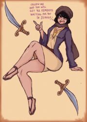 ambiguous_gender androgynous arabian arabian_clothes arabic curvy dark_hair dark_skin english english_text light_skin middle_eastern possible_female quest realistic_anatomy sandals scimitar shaven simple_background smile sword tan_body thighs