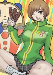 1boy1girl atlus breasts brown_hair female female_focus green_jacket legs legs_apart meat persona persona_4 pins poechan satonaka_chie school_uniform sega short_hair sitting skirt socks teddie_(persona) thighs tomboy track_jacket wink winking winking_at_viewer