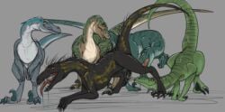 artist_request blue_(jurassic_world) charlie_(jurassic_world) delta_(jurassic_world) dick dinosaur dinosaur_penis echo_(jurassic_world) feral harem indoraptor jurassic_park jurassic_world raptor sucking_penis theropod