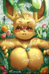 2022 absurd_res anthro anthrofied armpits big_breasts blep blush bodily_fluids breasts canid cum digital_media_(artwork) eeveelution english_text female first_person_view flower garden generation_4_pokemon genital_fluids hi_res leaf leafeon licking licking_cum looking_at_viewer mammal nintendo outside plant pokemon pokemon_(anime) pokemon_(species) pokemorph signature smile smiling_at_viewer solo text tongue tongue_out tucolewds video_games widescreen yellow_body