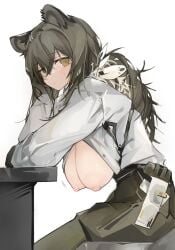 animal_ears areolae arknights big_breasts blush breasts breasts_out dark_grey_fur emotionless exposed_breasts grey_hair hair_between_eyes long_hair looking_at_viewer mikozin nipples no_bra open_clothes open_shirt pants ponytail robin_(arknights) shirt sitting sweatdrop tired tired_eyes uniform white_background white_shirt yellow_eyes