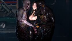 3d breasts brown_eyes brown_hair dead_space gregnoff horror lara_croft lara_croft_(survivor) mass_effect monster necromorph sandwiched tomb_raider tomb_raider_(survivor) wet