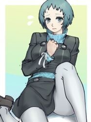 1girls atlus breasts clenched_hand embarrassed female female_focus female_only fuuka_yamagishi leggings looking_at_viewer persona persona_3 poechan school_uniform sega shoes short_hair shy sitting skirt solo solo_female solo_focus sweatdrop thighs white_legwear yamagishi_fuuka