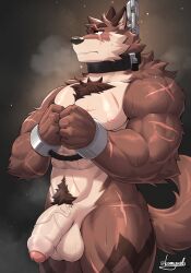 anthro balls canid canine canis chains collar genitals hi_res kamyuelo male male_only mammal muscular muscular_anthro muscular_male penis scar solo solo_male vein veiny_penis wolf