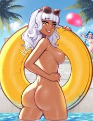 beach blushypixy blushyspicy dark-skinned_female jinx_(league_of_legends) league_of_legends looking_at_viewer nude pool pool_party_series qiyana_yunalai sunglasses sunglasses_on_head water_balloon white_hair