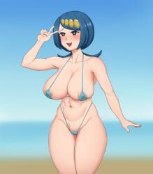 1girls areolae big_breasts bikini bikini_bottom bikini_top blue_bikini blue_eyes blue_hair breasts busty cleavage erect_nipples female female_only game_freak hair lana's_mother_(pokemon) large_breasts mature mature_female mature_woman milf mother mrcrazyp3 navel nipple_slip open_mouth peace_sign pokemon pokemon_sm pose posing smile solo solo_female swimsuit swimwear thick_thighs thighs toned v