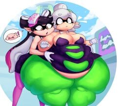 2021 2girls bbw belly belly_overhang big_breasts breasts callie_(splatoon) cleavage female_focus female_only gloves groping groping_belly groping_from_behind hips huge_belly huge_thighs marie_(splatoon) mysterydad nintendo obese obese_female overweight overweight_female plump splatoon splatoon_(series) surprised thick_thighs thighs voluptuous wide_hips