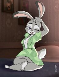 2022 anthro bed breasts clothed clothing disney ears_up female full-length_portrait furniture green_clothing green_shirt green_topwear judy_hopps lagomorph leporid looking_at_viewer looking_back looking_back_at_viewer mammal nipple_slip nipples on_bed one_eye_closed open_clothing open_mouth open_shirt open_smile open_topwear portrait purple_eyes rabbit rear_view shirt sickbelle small_breasts smile solo tired topwear zootopia