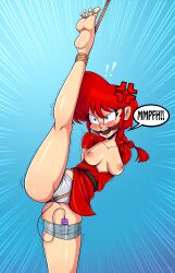 angry arms_tied_behind_back blue_eyes blush bondage breasts breasts_out clothing crotch_rope female gag gagged gagged_speech gaggeddude32 leg_up looking_at_viewer medium_breasts panties ranma-chan ranma_1/2 ranma_saotome red_hair sex_toy topless trembling vibrator vibrator_taped_to_leg vibrator_under_clothes vibrator_under_panties