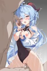 1girls 2boys big_breasts big_penis blue_eyes blush breasts breasts_out clothed clothed_female female_focus female_penetrated ganyu_(genshin_impact) genshin_impact grabbing_penis horns houk1se1 houkiboshi_(mmjw7432) light_blue_hair long_hair nipples penis_grab penis_in_pussy sex sleeves swimsuit thick_thighs thighs vaginal_penetration vaginal_sex wide_hips wide_thighs