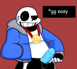 1boy 2d badkat03 blue_penis boner clothed english_text erection gold_(metal) lightsaber_dick male male_focus male_only pants penis sans skeleton smiling text undertale undertale_(series)