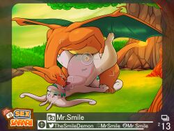 4:3 absurd_res antennae_(anatomy) charizard closed_eyes duo english_text female feral fire from_front_position front_view generation_1_pokemon generation_6_pokemon goodra grass green_eyes hi_res interspecies legs_up licking logo lying male male/female mr._smile nature nintendo on_back on_grass one_eye_closed orange_body outside outside_sex penetration photo picture_frame pink_body plant pokemon pokemon_(species) reverse_wheelbarrow_position sex spread_legs spreading standing text tongue tongue_out tree vaginal_penetration video_games wings