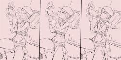 cum female glory_hole handjob hilda_(pokemon) monochrome nisetanaka nisetanaqa pokemon shorts sketch